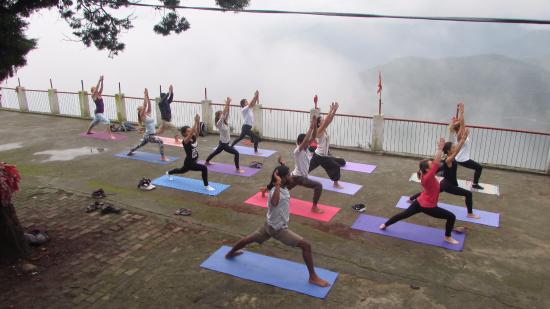 Rishikul yogshala students yoga at kujapuri temple visit